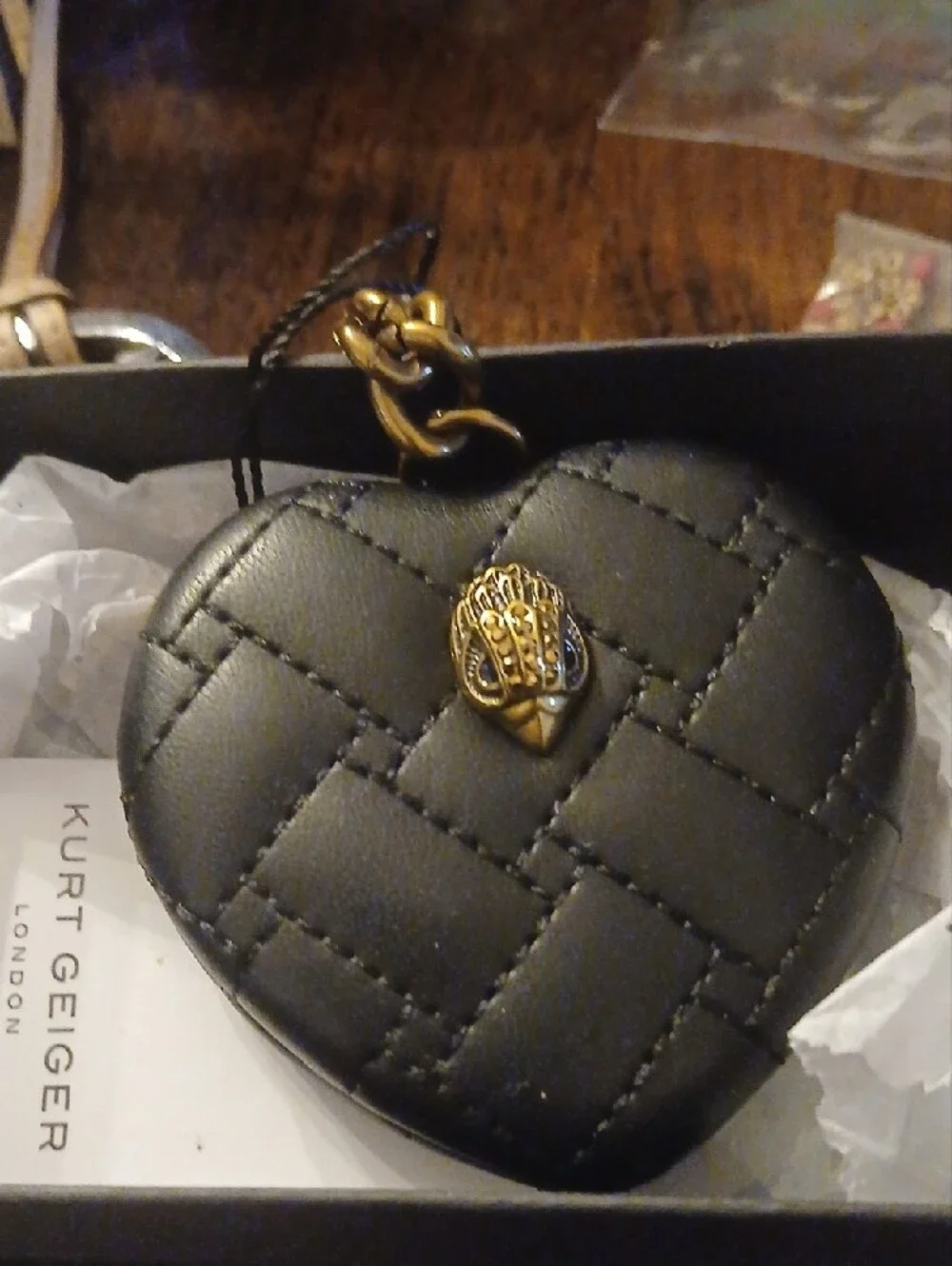 Kurt Geiger Black Quilted Heart Key Mirror and  Key Holder with Gold Accent